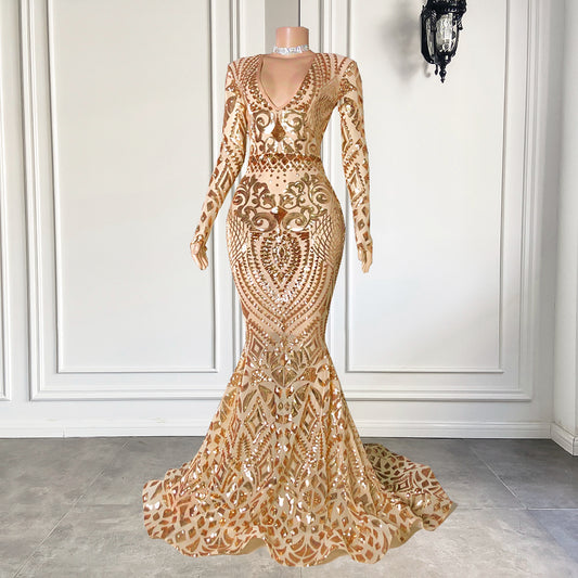 Sparkly Sexy Mermaid V-neck Rose Gold Sequin Prom Gala Gowns