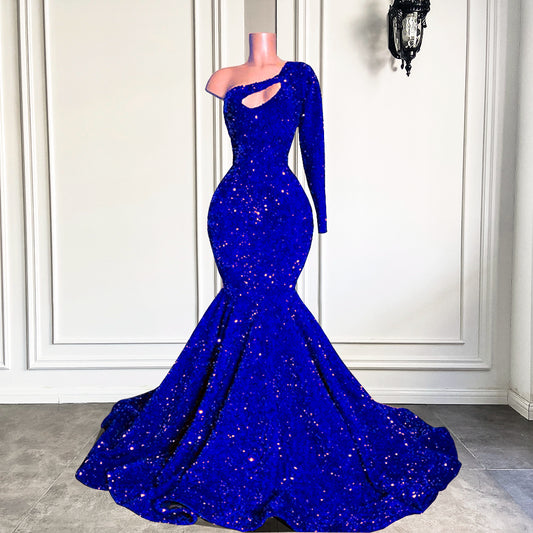 Long Sparkly Prom Dress 2022 One Shoulder Royal Blue Gowns