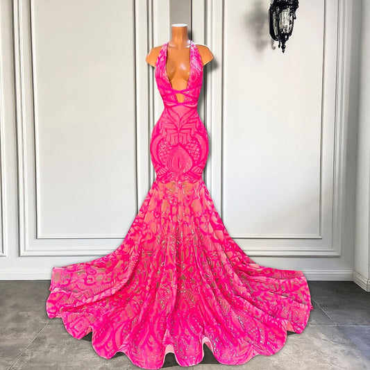 Halter V-neck Sleeveless Hot Pink Sequined Mermaid Style Gowns