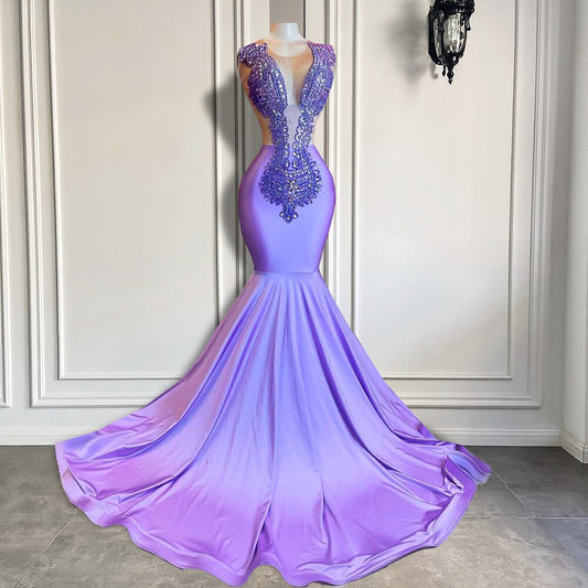 Long Prom Mermaid Beaded Diamond Lavender Girl Dress