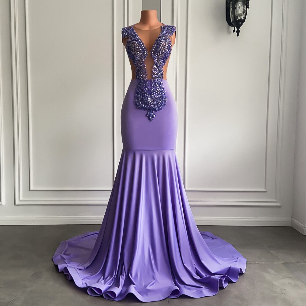 Long Prom Mermaid Beaded Diamond Lavender Girl Dress