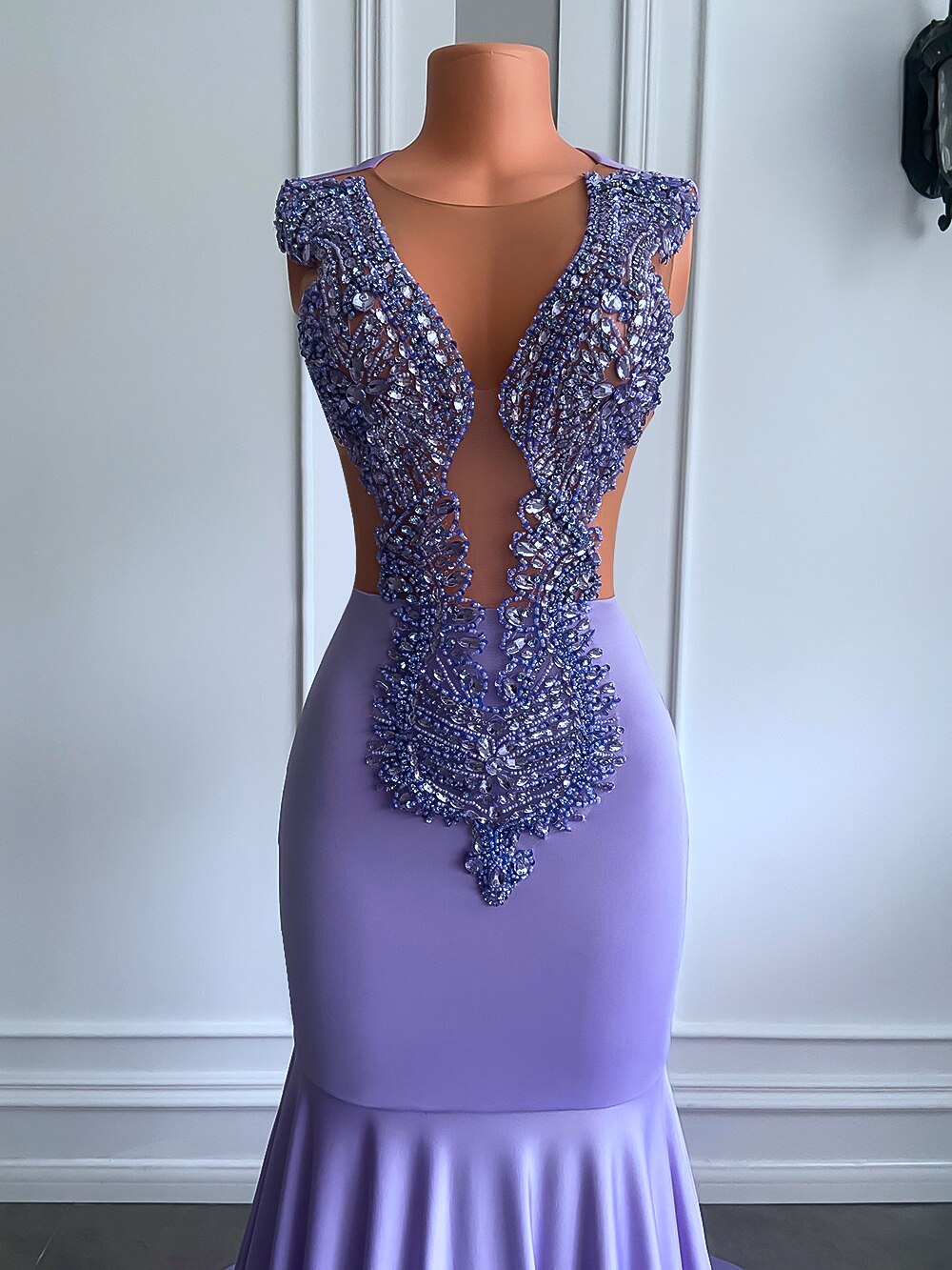 Long Prom Mermaid Beaded Diamond Lavender Girl Dress