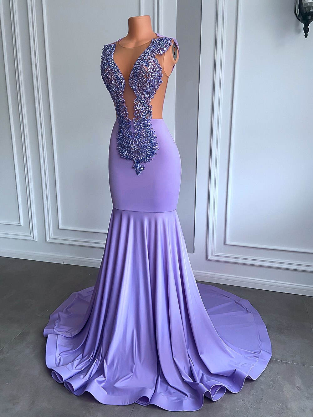 Long Prom Mermaid Beaded Diamond Lavender Girl Dress