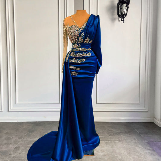 Evening Dresses Sparkly Crystals Mermaid Royal Blue Satin Gowns