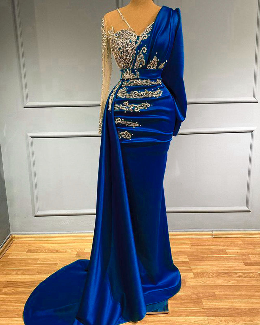 Evening Dresses Sparkly Crystals Mermaid Royal Blue Satin Gowns