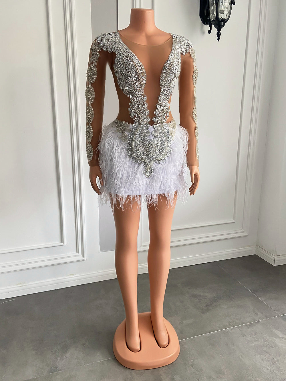 Sparkly Crystals Beaded White Feather Short Prom Dresses