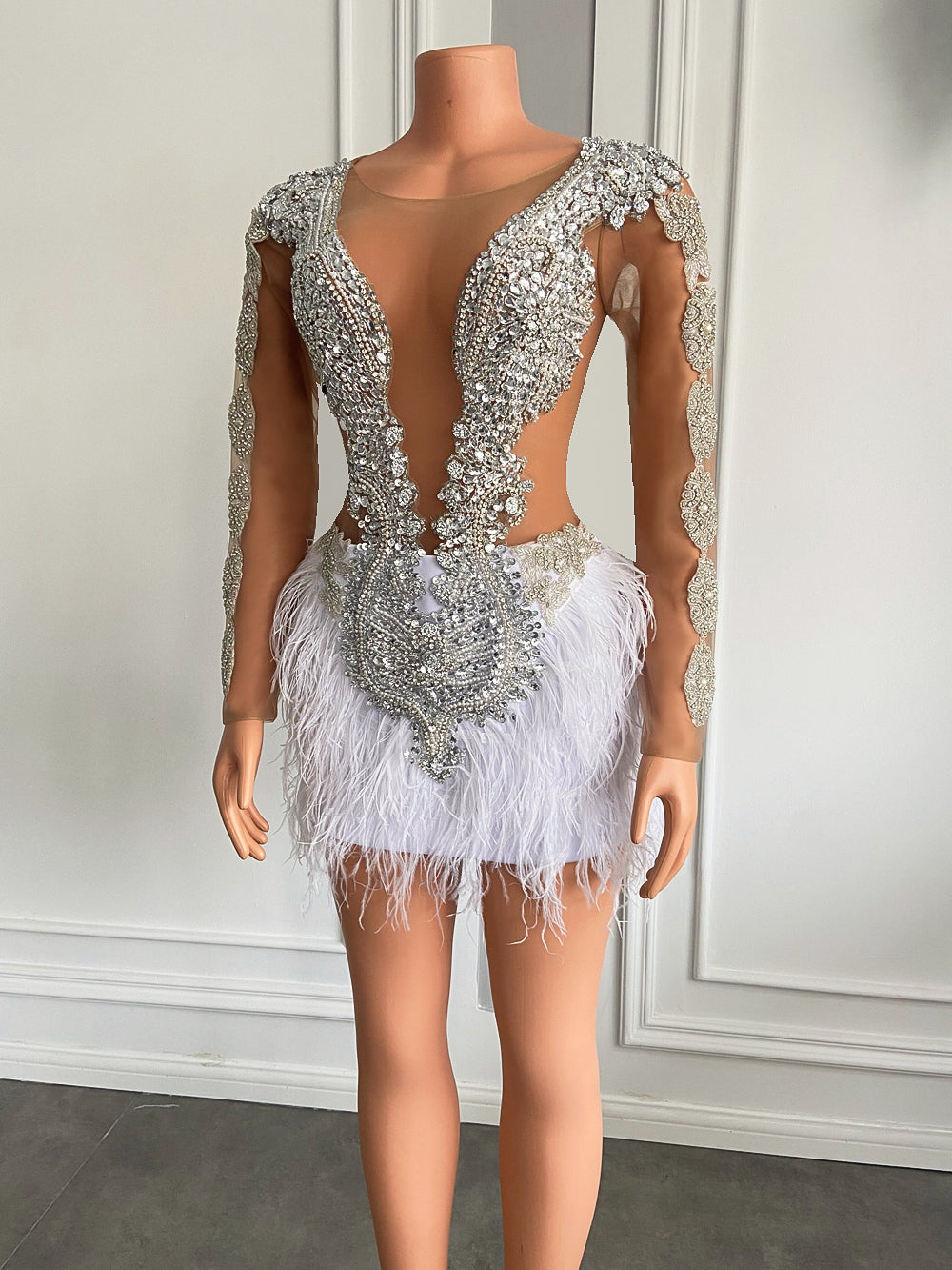 Sparkly Crystals Beaded White Feather Short Prom Dresses