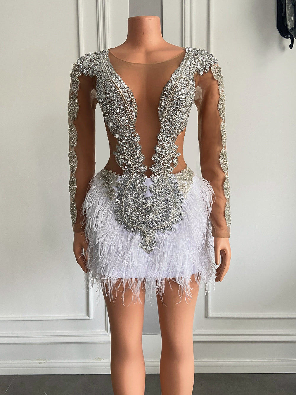 Sparkly Crystals Beaded White Feather Short Prom Dresses