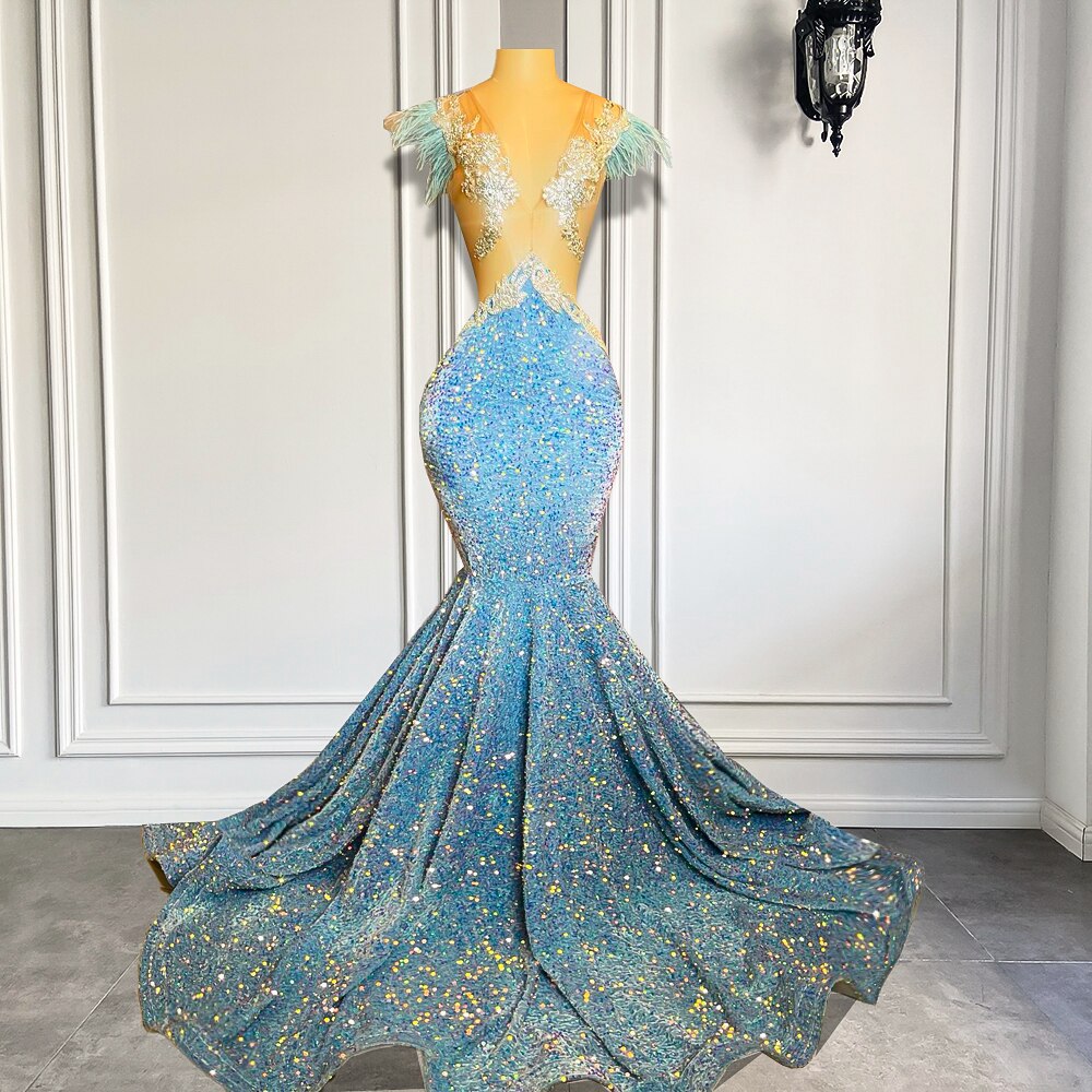 Mermaid Prom Dresses Crystals Light Blue Sequin Gowns