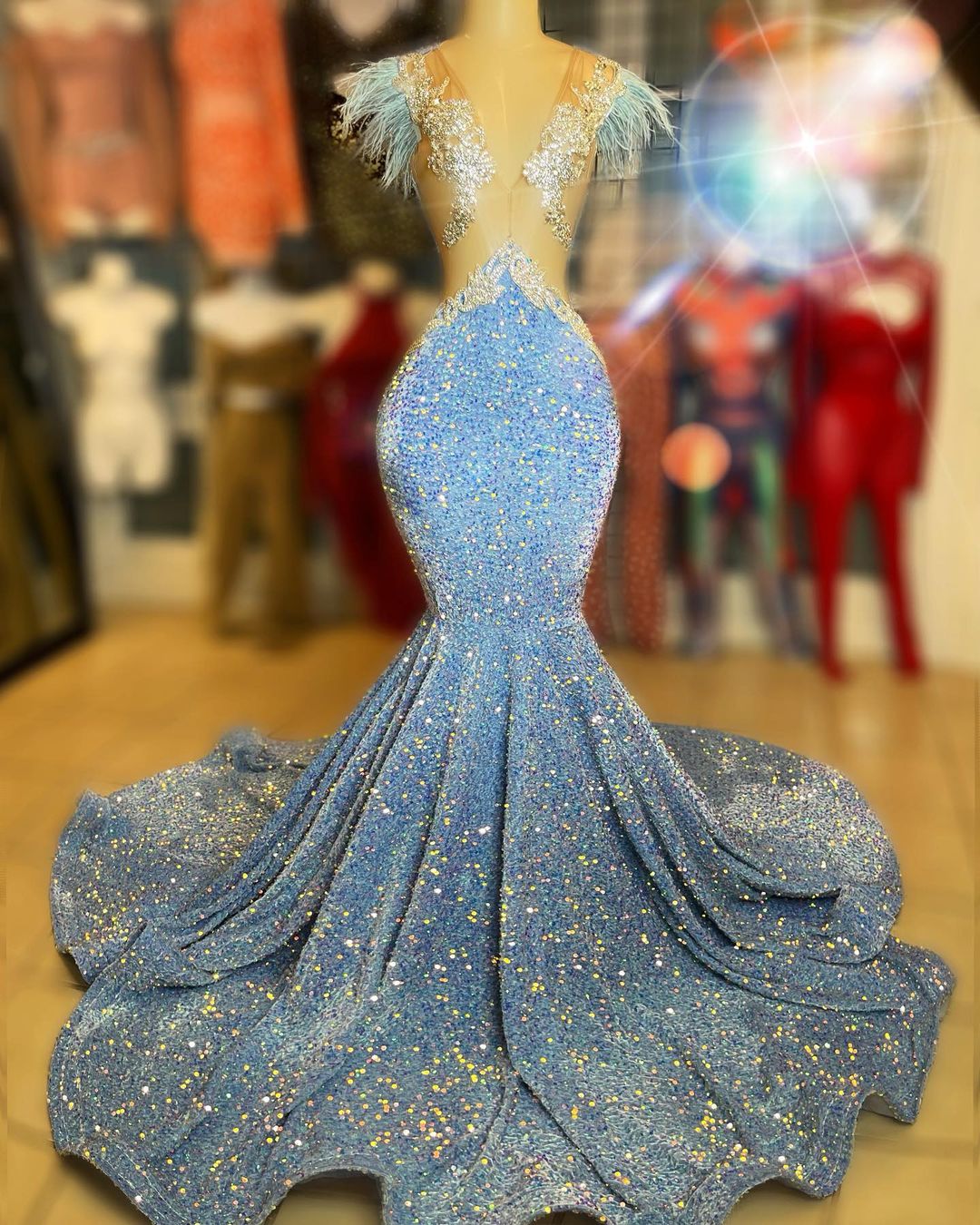 Mermaid Prom Dresses Crystals Light Blue Sequin Gowns