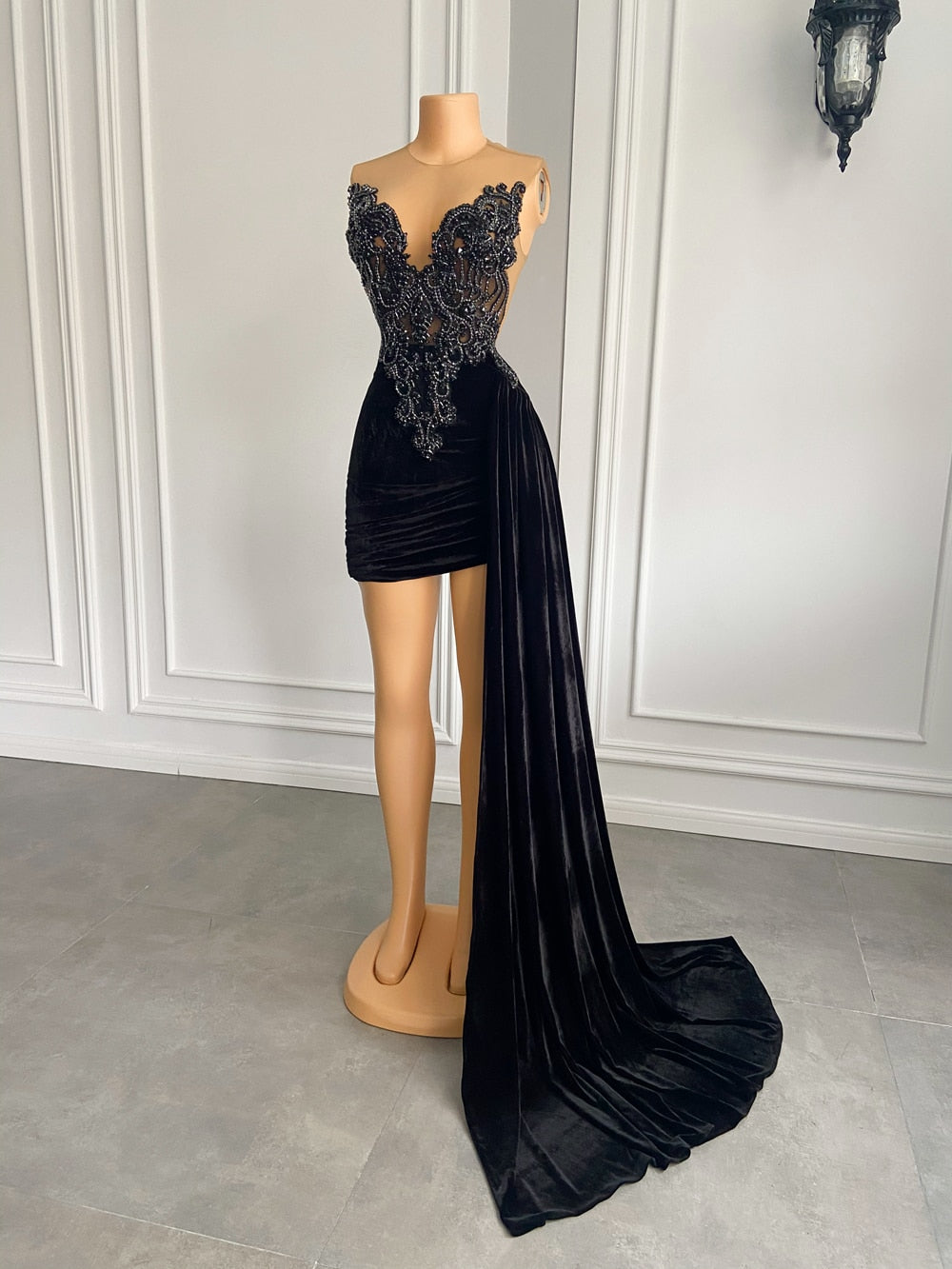 Women Gowns Black Velvet Short Prom Dresses With Side Train