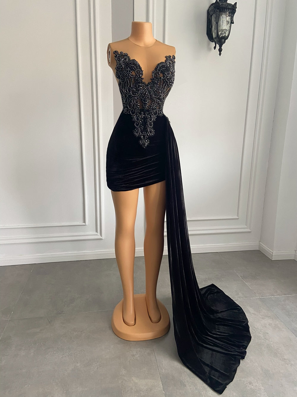 Women Gowns Black Velvet Short Prom Dresses With Side Train