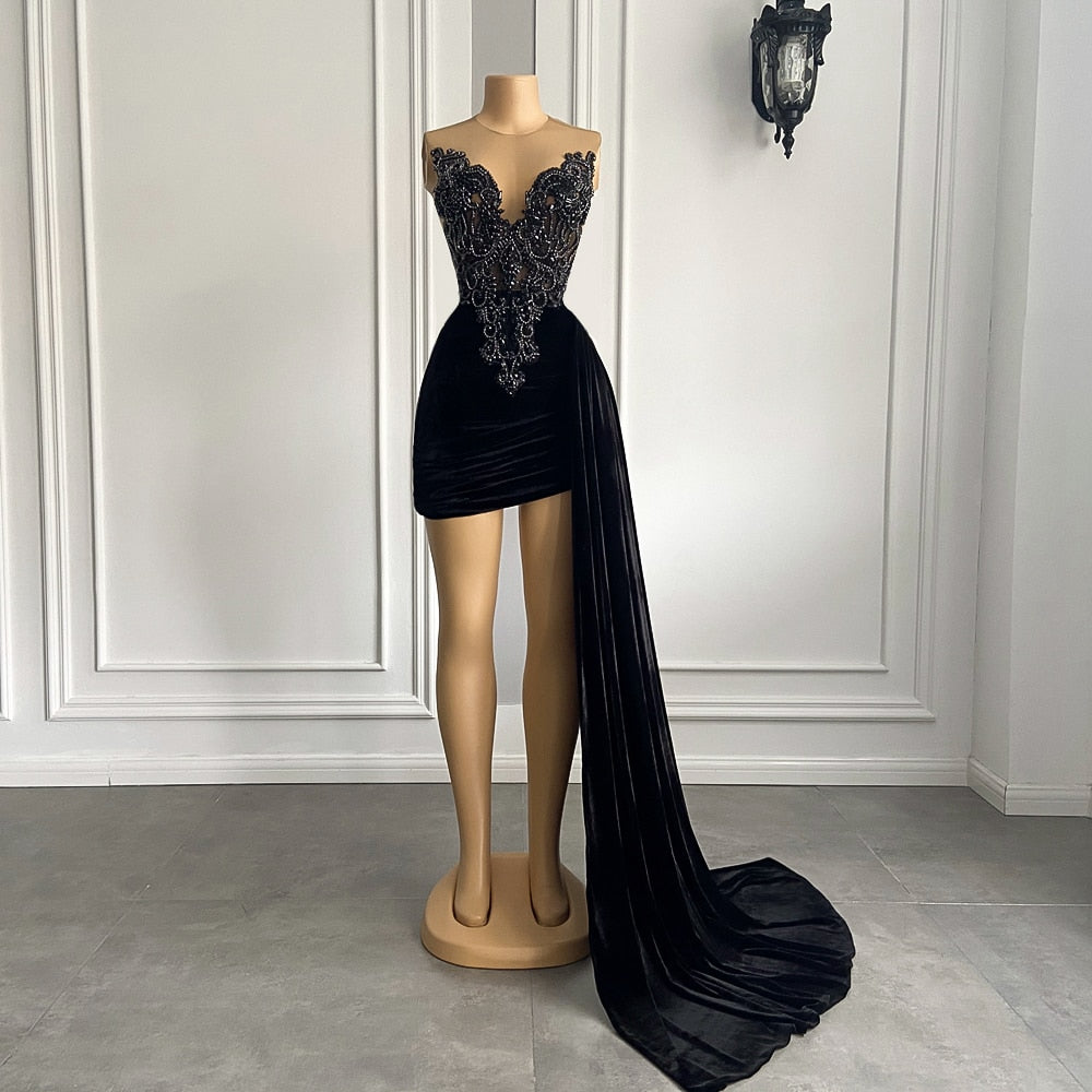 Women Gowns Black Velvet Short Prom Dresses With Side Train