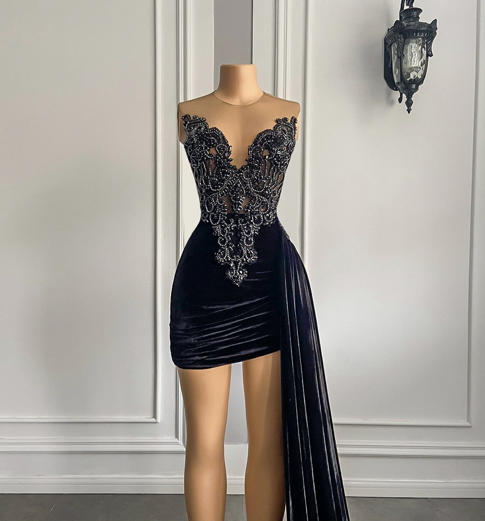 Women Gowns Black Velvet Short Prom Dresses With Side Train