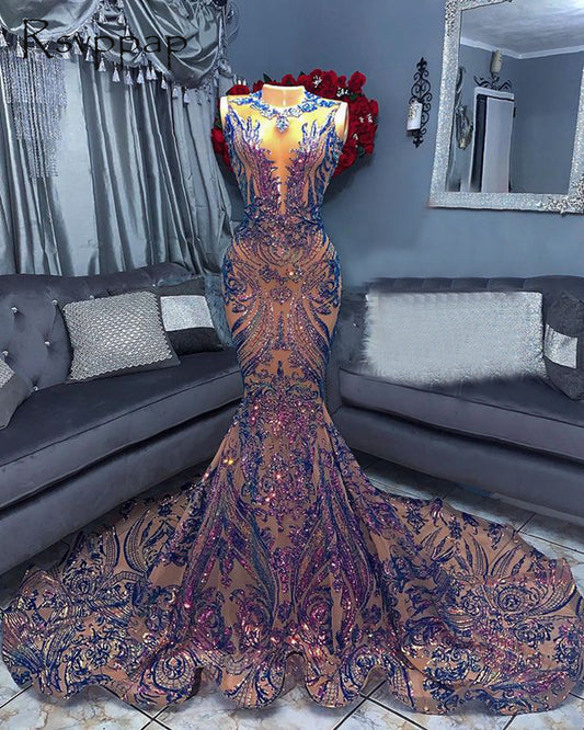 Sexy Mermaid Color Sequined Prom Party Gala Gowns Birthday