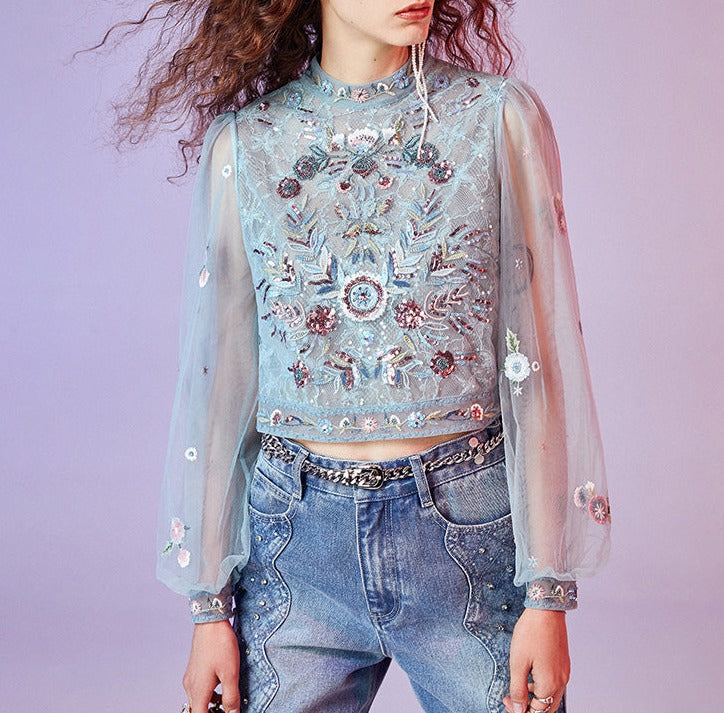 Women Embroidered short sequin patchwork chiffon lace blue shirt
