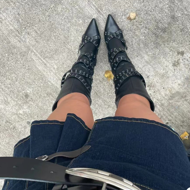 Street Style High Knee Belt Buckle Thin Heel Women's Boots