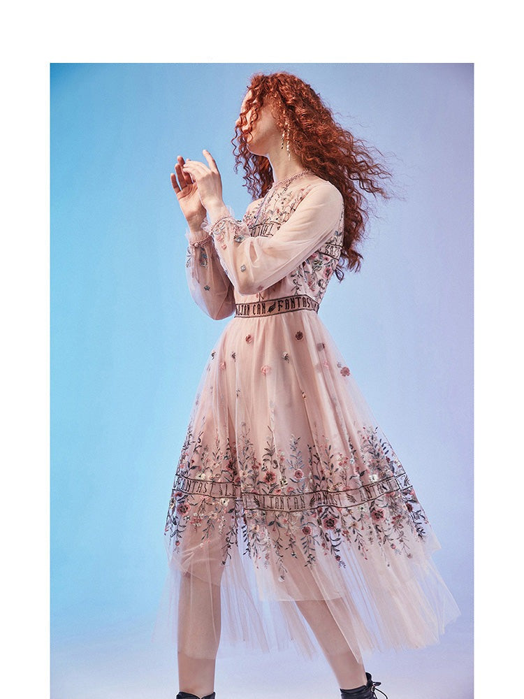 Embroidered Round Neck Lace Long Sleeve Dress