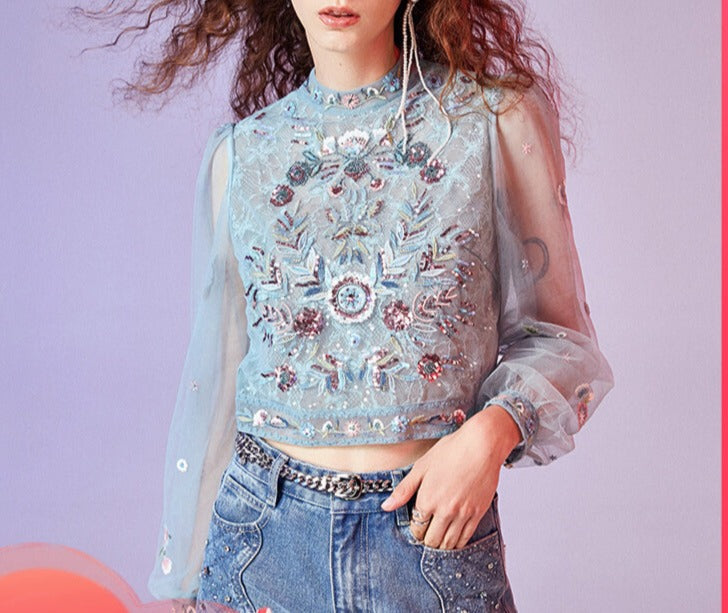 Women Embroidered short sequin patchwork chiffon lace blue shirt