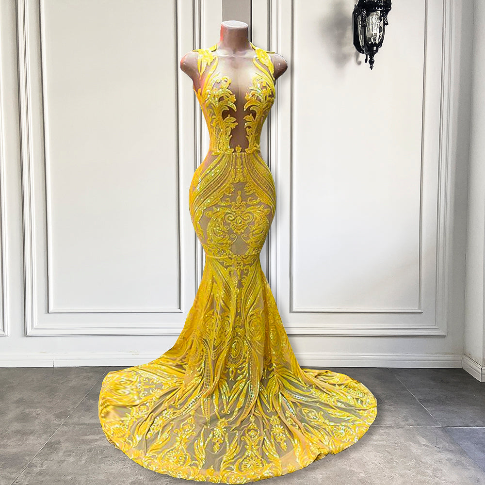 O-neck Mermaid Sparkly Sequin Yellow Prom Gala Gowns