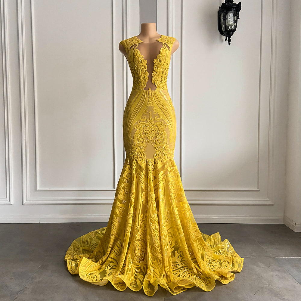 O-neck Mermaid Sparkly Sequin Yellow Prom Gala Gowns