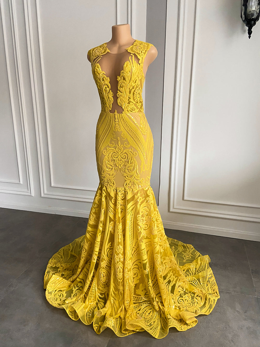 O-neck Mermaid Sparkly Sequin Yellow Prom Gala Gowns