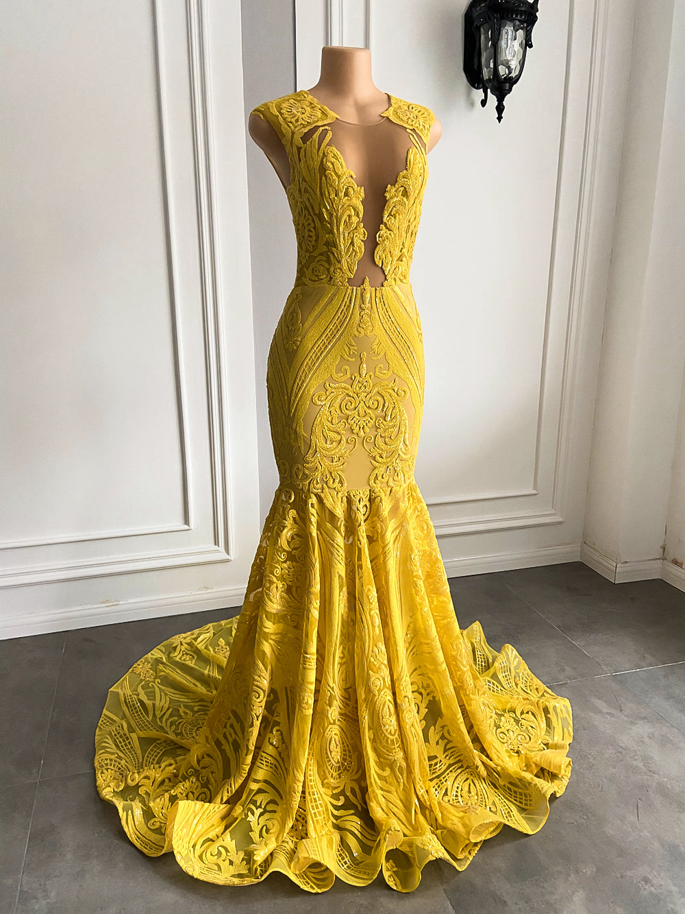 O-neck Mermaid Sparkly Sequin Yellow Prom Gala Gowns