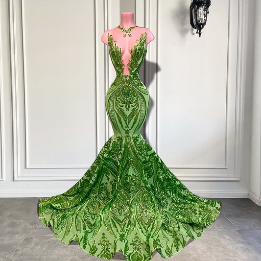 Sexy Mermaid Sheer O-neck Mint Green Prom Gowns