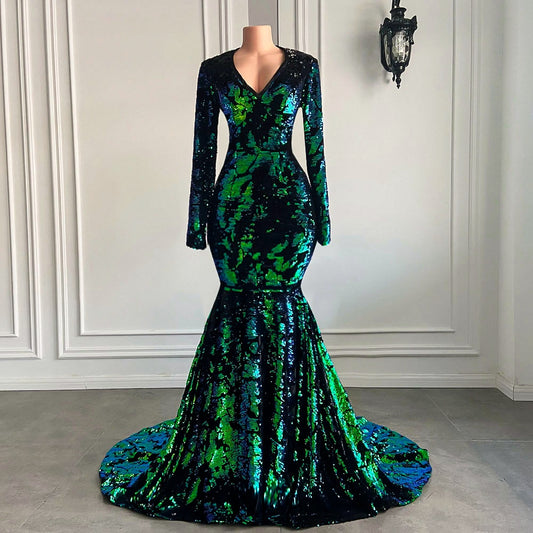 Prom Gown Mermaid Long Sleeve Sparkly Black and Green