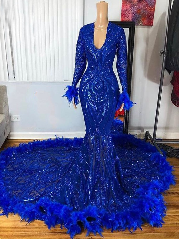 V-neck Mermaid  Royal Blue Sequined Feather Prom Gowns