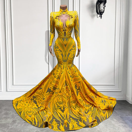 Mermaid Style High Neck Yellow Sequin Long Prom Dresses