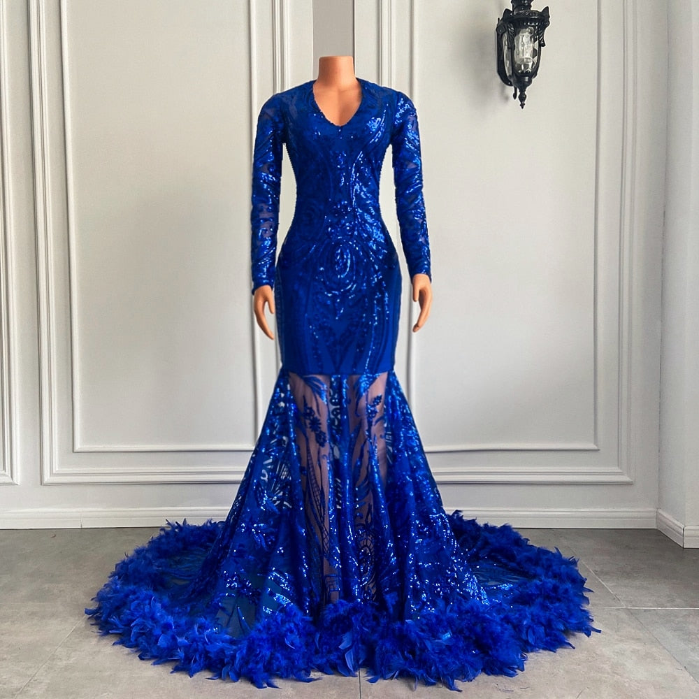 V-neck Mermaid  Royal Blue Sequined Feather Prom Gowns