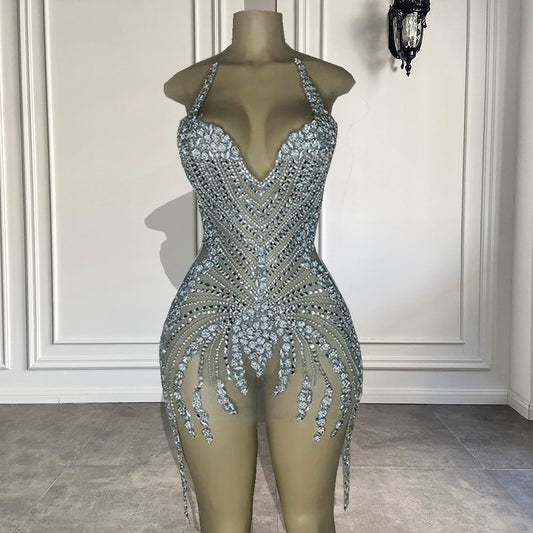 See Through Short Prom Dresses Luxury Beaded Crystals Silver