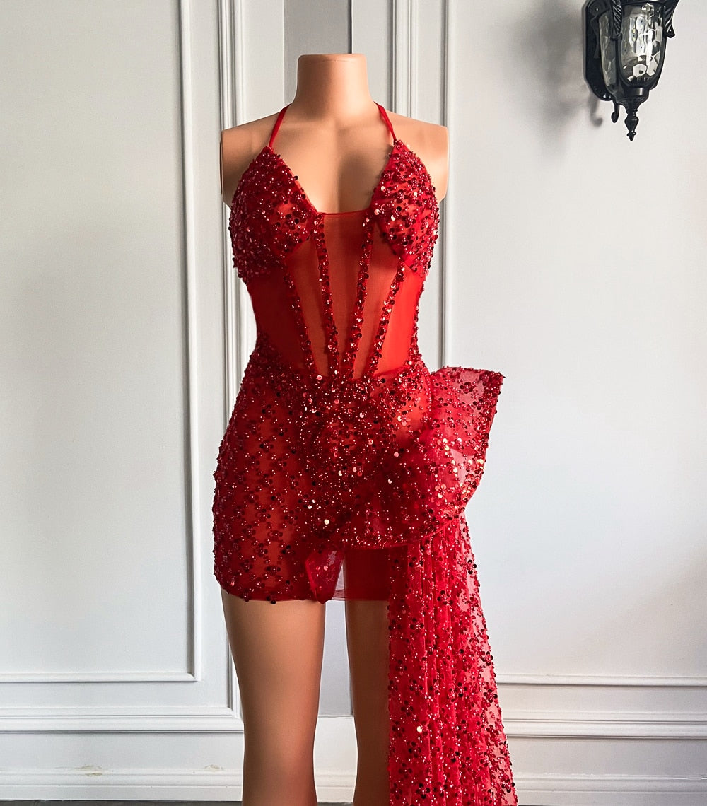 Red Sequined Short Prom Gala Dresses With Side Train