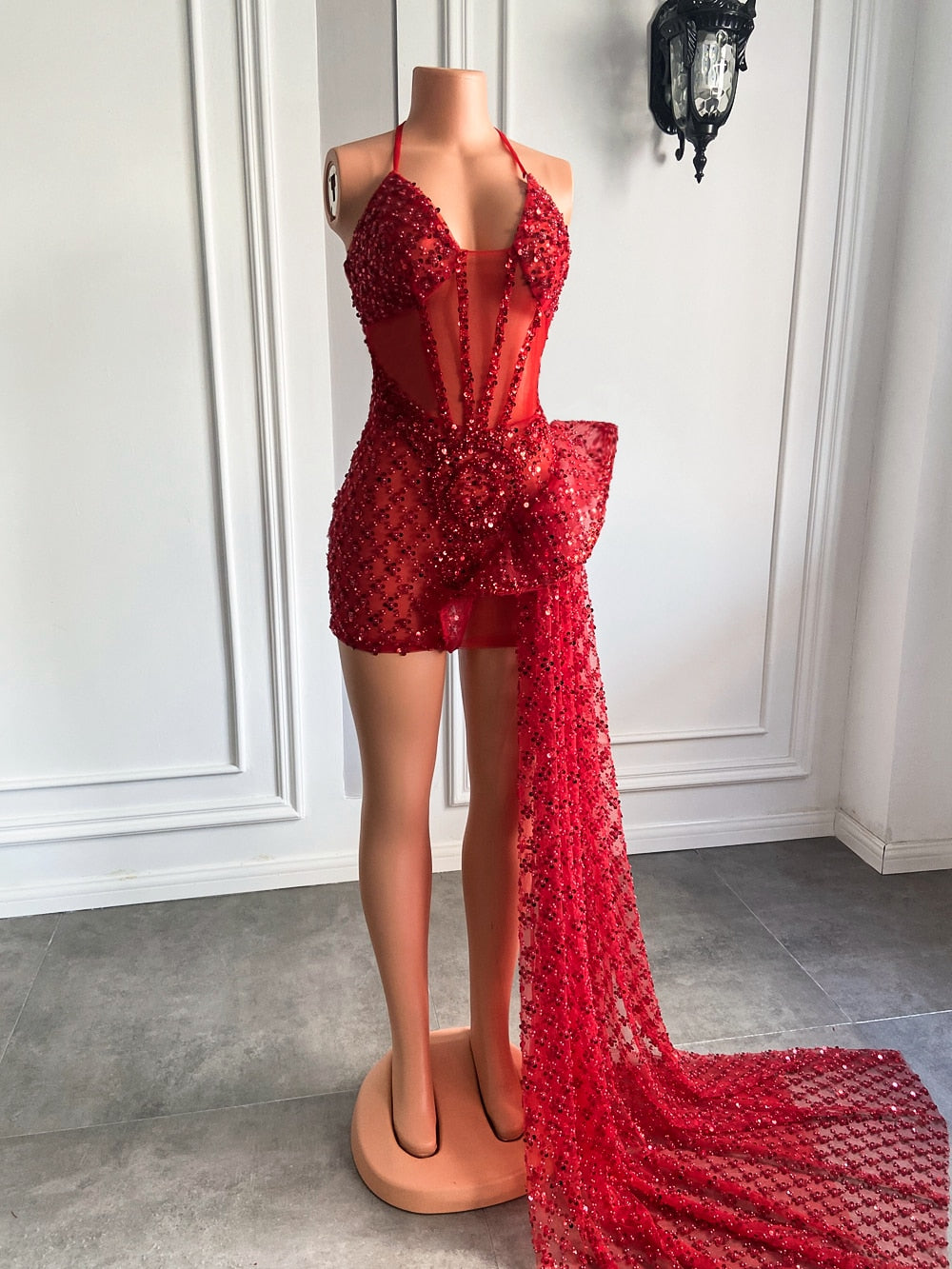 Red Sequined Short Prom Gala Dresses With Side Train