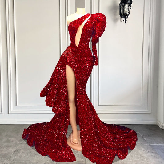 Sexy High Slit Sparkly Red Sequined Girl Mermaid Prom Dresses