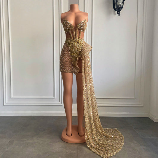 シースルー スイートハート ガールズ キラキラ ゴールド スパンコール ショート プロム ドレス