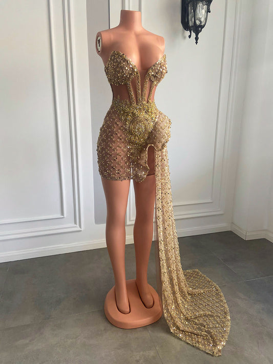 シースルー スイートハート ガールズ キラキラ ゴールド スパンコール ショート プロム ドレス