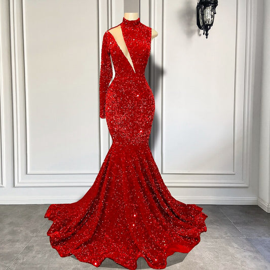 High Neck Sexy Mermaid Style Sparkly Red Sequin Gowns