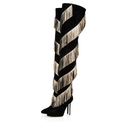 Women Stiletto Heel Gold Tassels Over Knee Boots