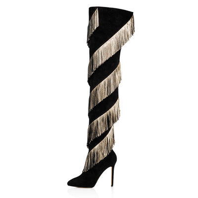 Women Stiletto Heel Gold Tassels Over Knee Boots