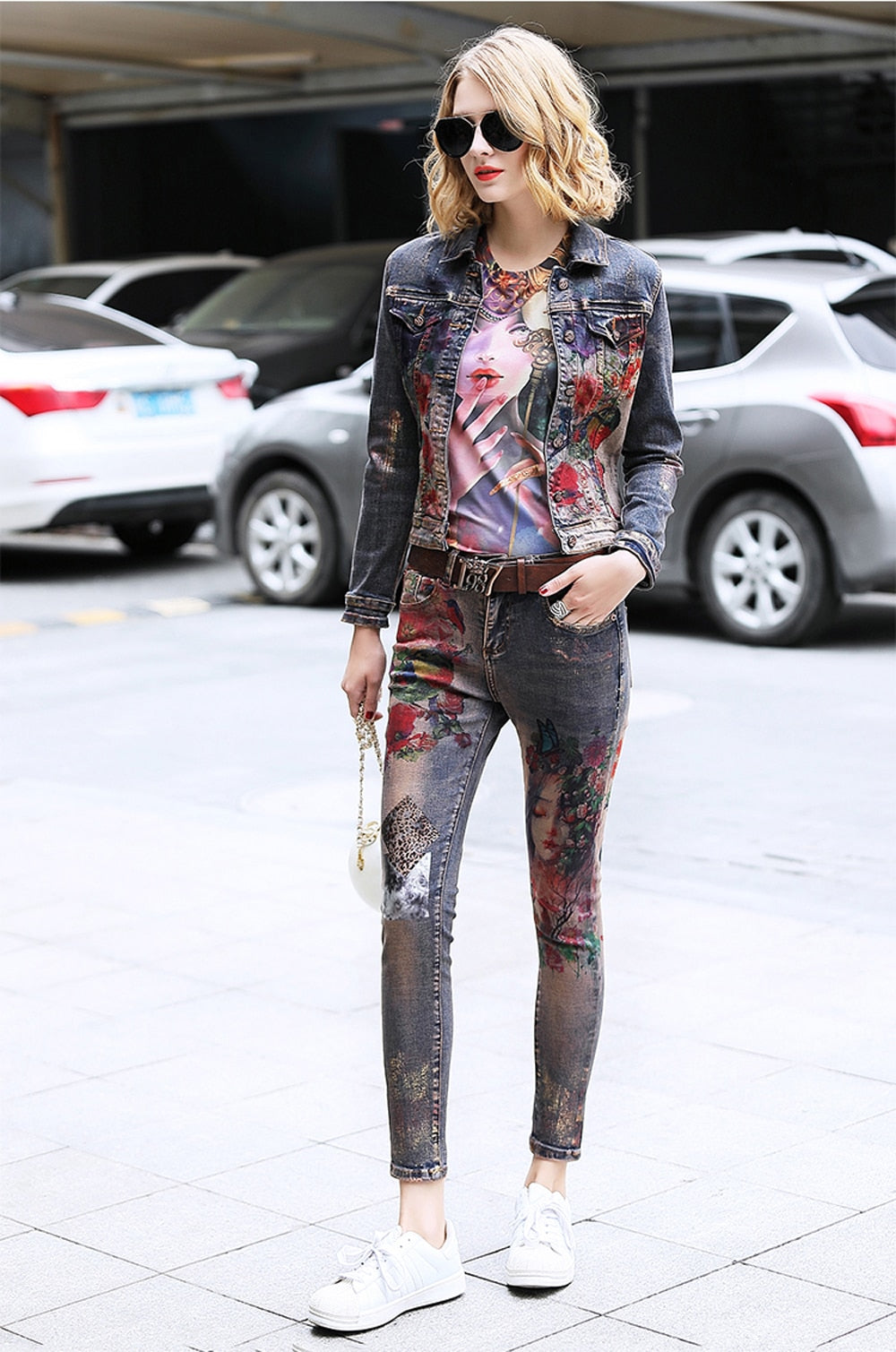 Flowers Print Denim Jeans Jacket Pants Suit Lady