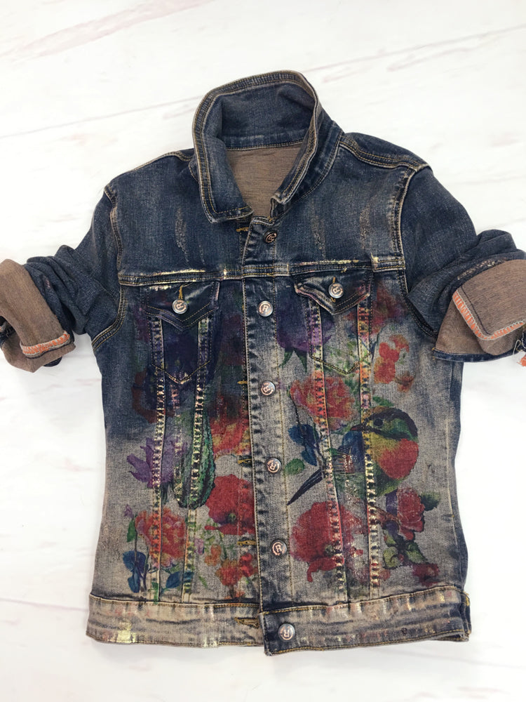 Flowers Print Denim Jeans Jacket Pants Suit Lady