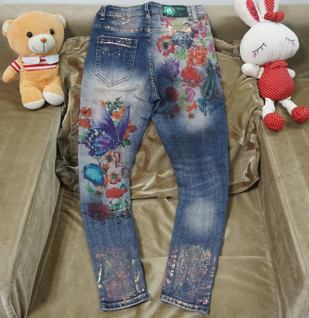 Flowers Print Denim Jeans Jacket Pants Suit Lady