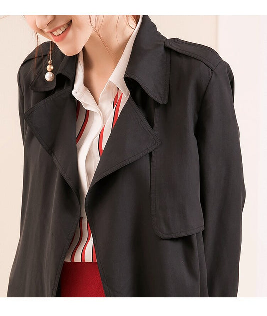 Women Silk Trench 100%Real Silk Black Coat