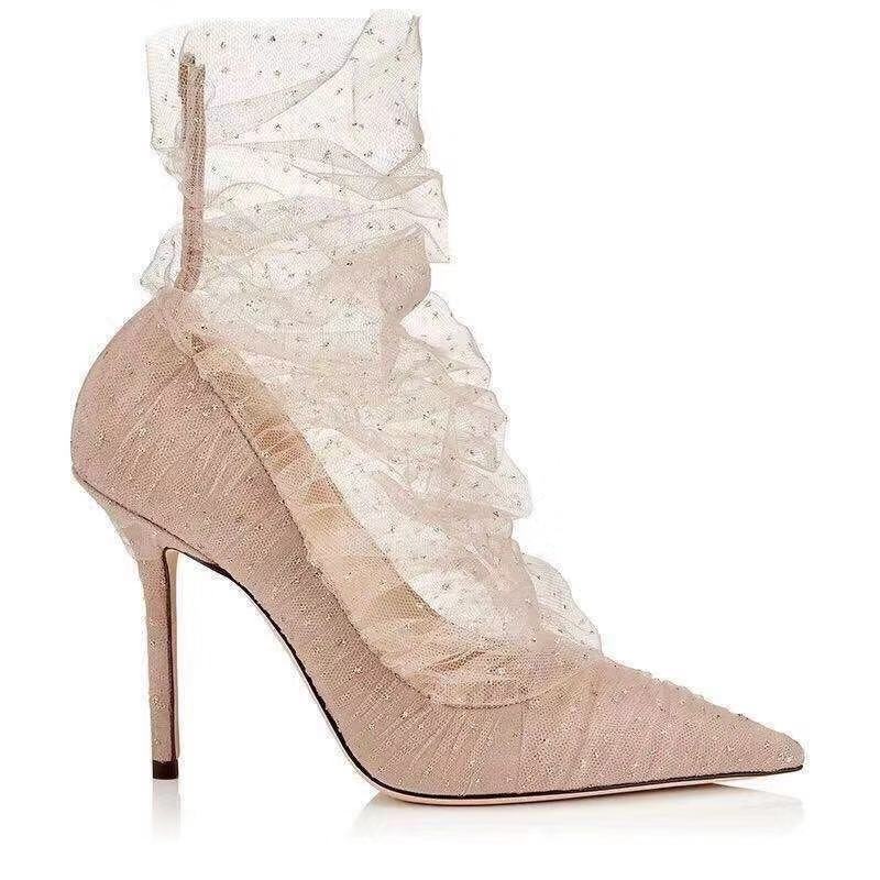 Pink Gold Glitter Tulle Women Elegant Wedding Heels Bride Shoes