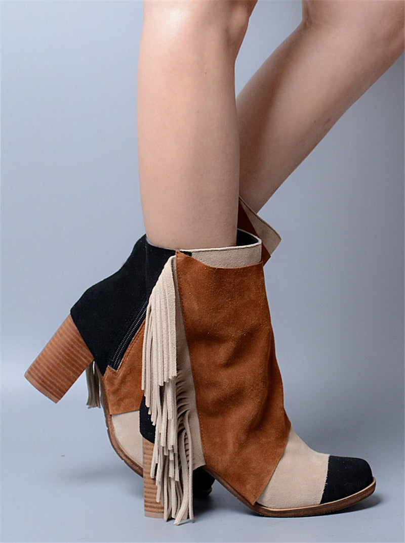 Mixed Color Fringed Women High Boots