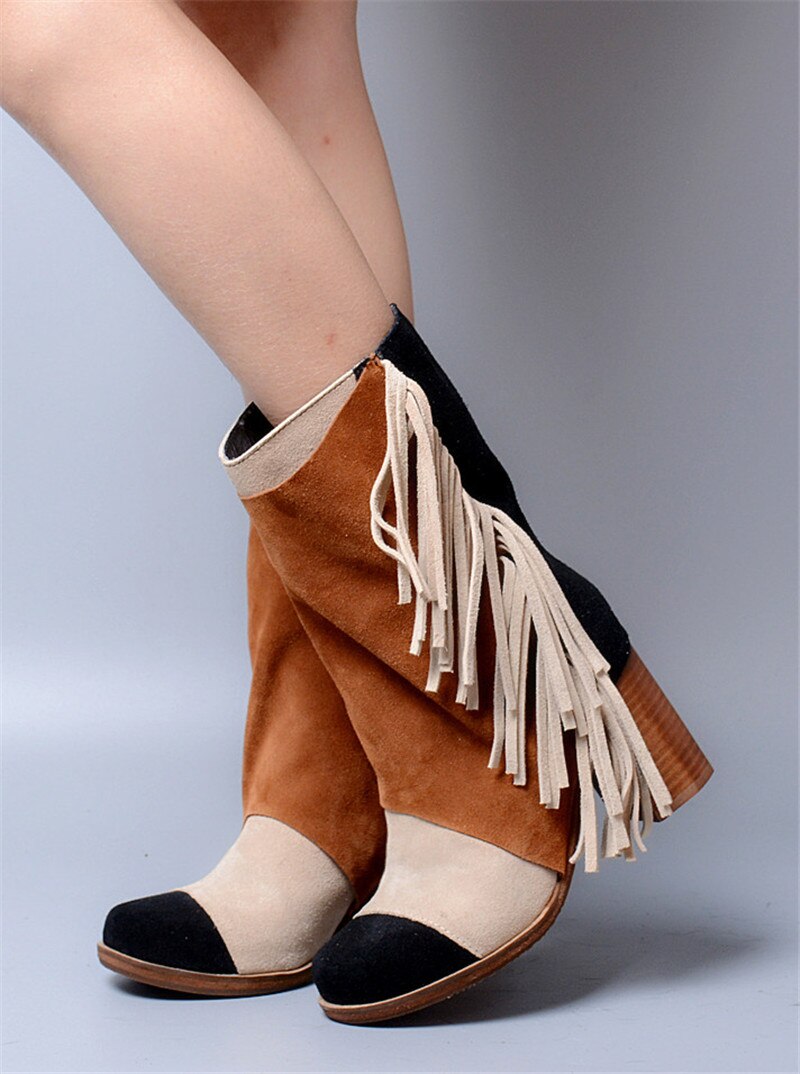 Mixed Color Fringed Women High Boots