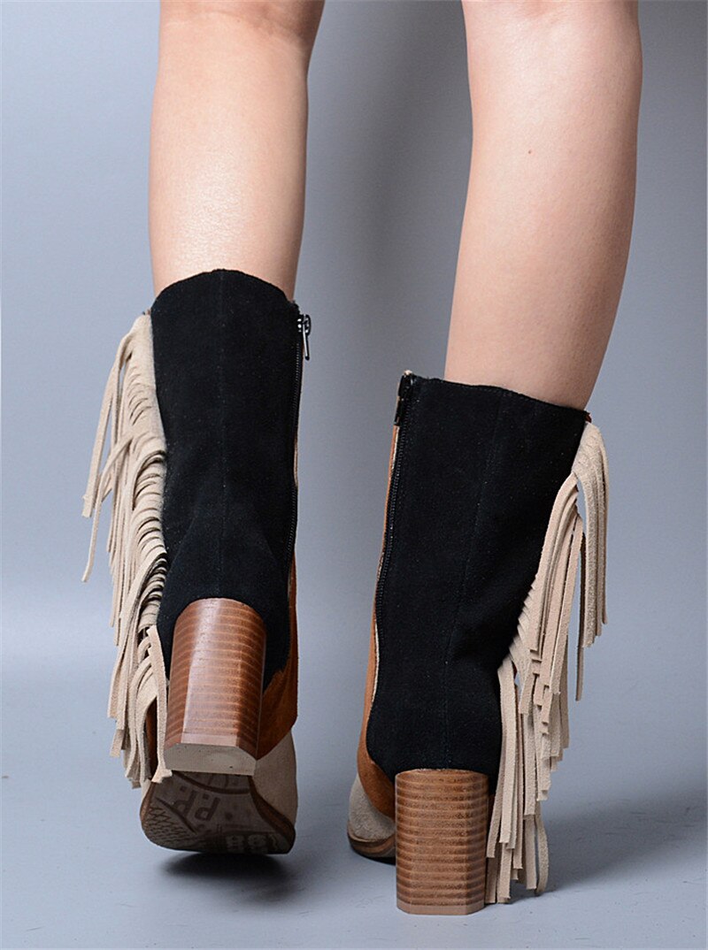 Mixed Color Fringed Women High Boots