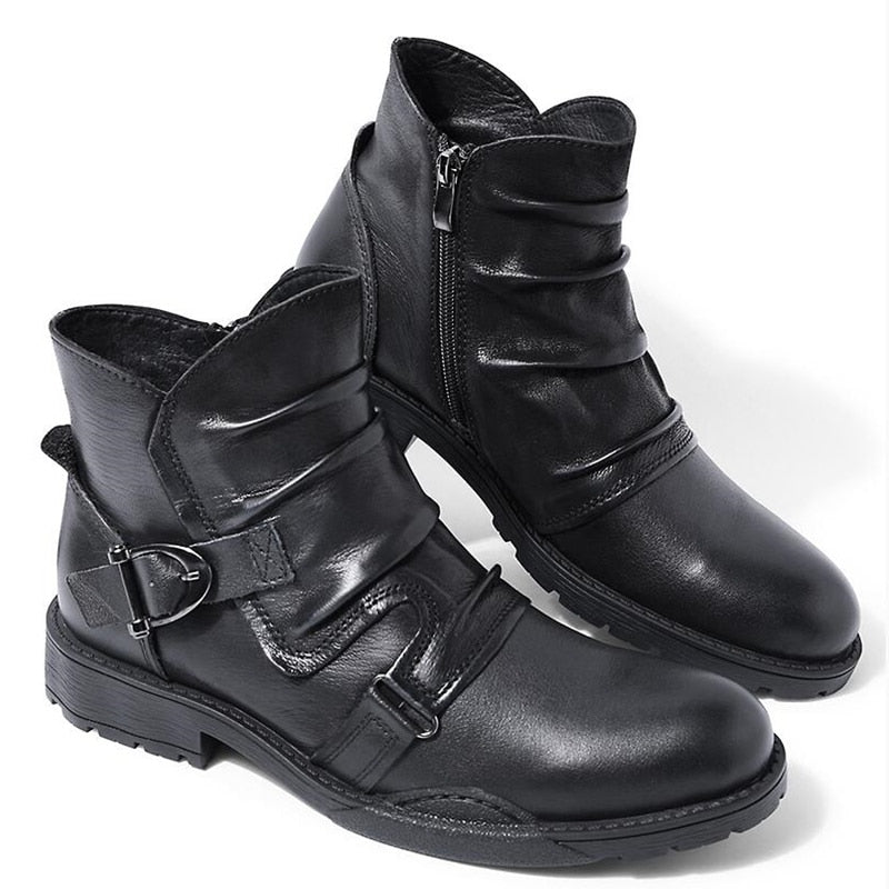 Trendy Buckle Belt Boots Men Full Grain Leather